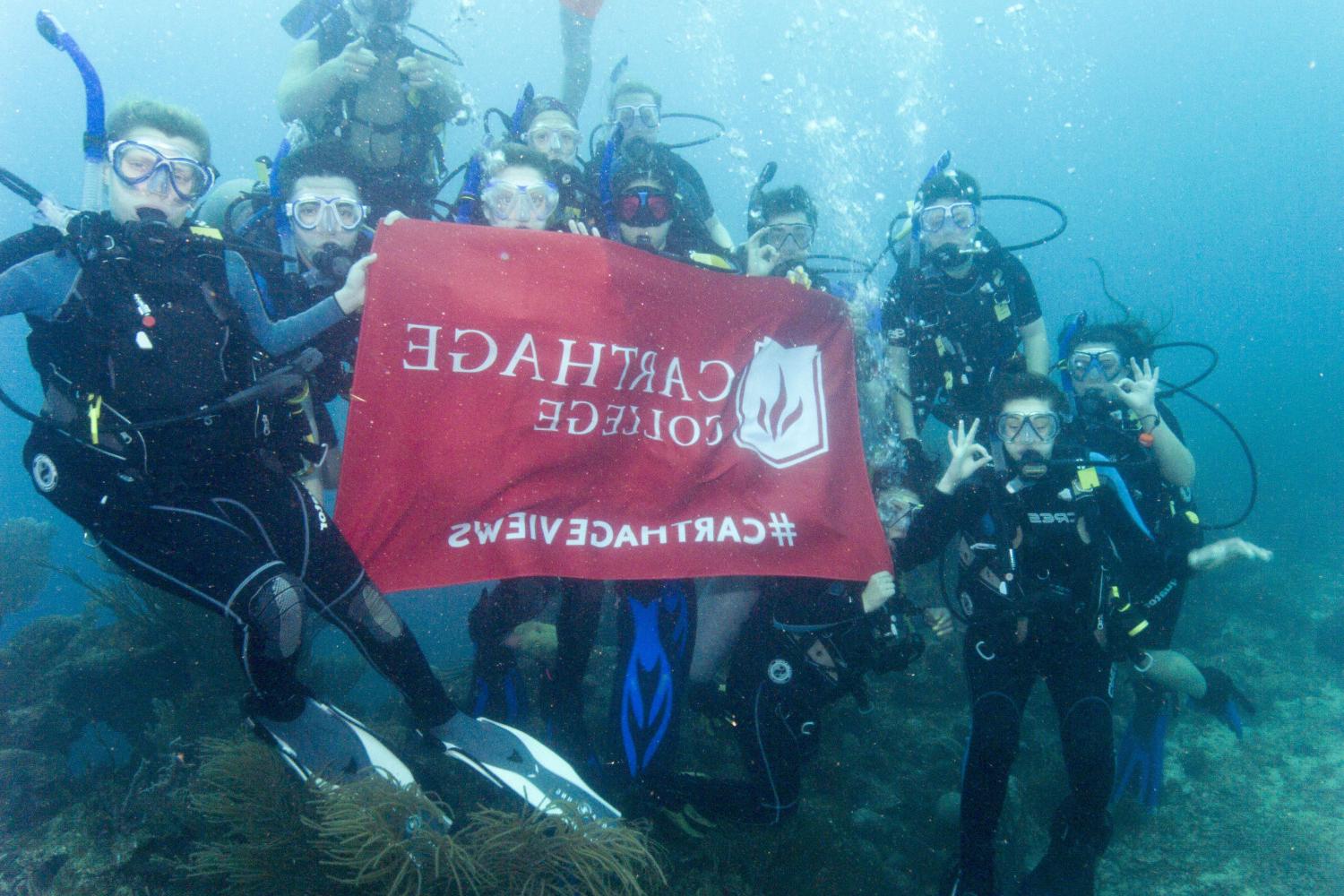 学生们手持<a href='http://3z26.umkt.net'>bv伟德ios下载</a>旗帜，在j学期洪都拉斯游学之旅中潜水.